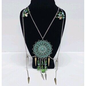 Vintage Boho Mandala Statement Bib Necklace Teal Green Accents